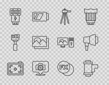 Set line Photo camera Camera roll cartridge Tripod flash frame fx and Softbox light icon. Vector.