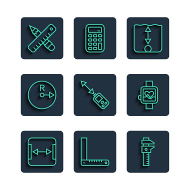 Set line Area measurement Corner ruler Calliper caliper and scale Depth Laser distance measurer Radius Crossed pencil and Smart watch icon. Vector.