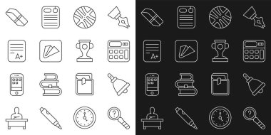 Set line Unknown search Ringing bell Calculator Basketball ball Paper airplane Exam sheet with A plus grade Eraser rubber and Award cup icon. Vector.