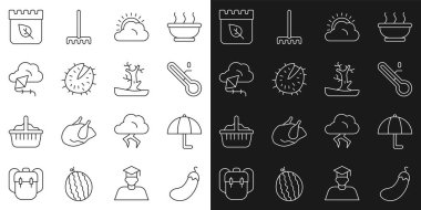 Set line Eggplant Umbrella Meteorology thermometer Sun and cloud weather Chestnut Kite Calendar with autumn leaves and Bare tree icon. Vector.