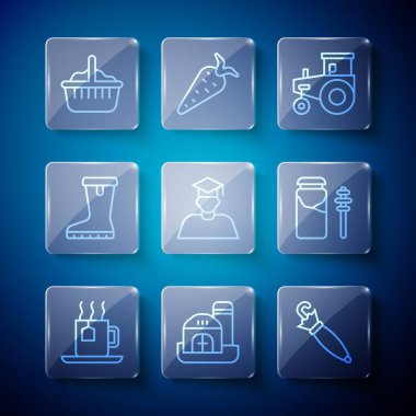Set line Cup of tea with tea bag Farm house Umbrella Tractor Graduate and graduation cap Waterproof rubber boot Basket and Jar honey dipper stick icon. Vector.