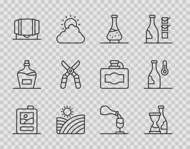 Set line Cardboard box of wine Bottle Decanter for Vineyard grapes Wooden barrel Gardening scissors Wine tasting degustation and temperature icon. Vector.