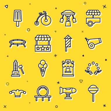 Set line Lollipop Juggling ball Cannon Attraction carousel Ticket box office Jumping trampoline Ice cream and Firework rocket icon. Vector.