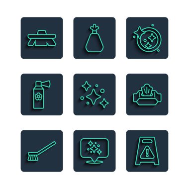 Set line Brush for cleaning Home service Wet floor Washing dishes Air freshener spray bottle and wipe pack icon. Vector.