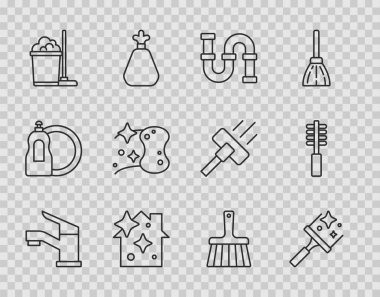 Set line Water tap Rubber cleaner for windows Industry metallic pipe Home cleaning service Mop and bucket Sponge Handle broom and Toilet brush icon. Vector.