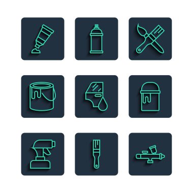 Set line Paint spray gun brush Car painting bucket Tube with palette and icon. Vector.