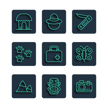 Set line Mountains Mexican mayan or aztec mask Photo camera Swiss army knife First aid kit Paw print African hut and Butterfly icon. Vector.