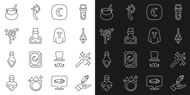 Set line Magic stone wand Moon stars Bottle with potion staff Witch cauldron and Ghost icon. Vector.