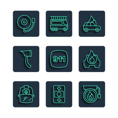 Set line Firefighter helmet alarm system Ringing bell Burning car Emergency call 911 axe and icon. Vector.