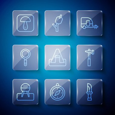 Set line Barbecue grill Compass Knife Rv Camping trailer Tourist tent Magnifying glass Mushroom and Hammer icon. Vector.