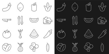 Set line Cucumber Hot chili pepper Cutting board with vegetables Bell Asparagus Knife Eggplant and Watermelon icon. Vector.