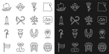 Set line Egyptian pharaoh Eye of Horus pyramids lotus Crook and flail Obelisk Alexandria ship and Coral icon. Vector.