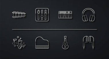 Set line Xylophone Music note tone Headphones Guitar Grand piano Sound mixer controller Air headphones and synthesizer icon. Vector.