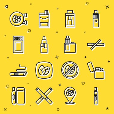 Set line Electronic cigarette Lighter No smoking Vape mod device liquid bottle Matchbox and matches Tobacco leaf shop and icon. Vector.