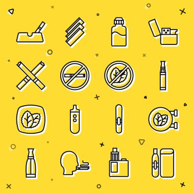 Set line Electronic cigarette Tobacco leaf shop Vape liquid bottle No smoking Cigarette Ashtray with and tobacco icon. Vector.