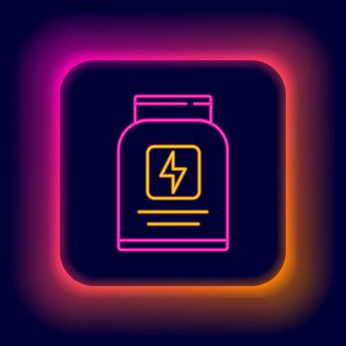 Parlayan neon hattı Spor beslenme vücut geliştirme protein enerji içeceği ve siyah arka planda izole edilmiş yiyecek ikonu. Renkli taslak konsepti. Vektör.