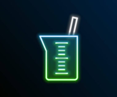 Parlayan neon çizgisi laboratuvar cam örtüsü ya da beher ikonu siyah arkaplanda izole edilmiş. Renkli taslak konsepti. Vektör.