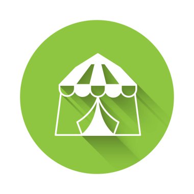 White Circus tent icon isolated with long shadow background. Carnival camping tent. Amusement park. Green circle button. Vector.
