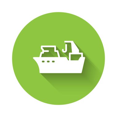 White Fishing boat icon isolated with long shadow. Fishing trawler. Green circle button. Vector.