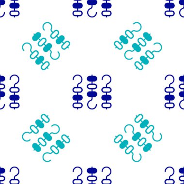 Blue Grilled shish kebab on skewer stick icon isolated seamless pattern on white background. Meat kebab on skewer stick. Picnic with grilled meat. Vector.