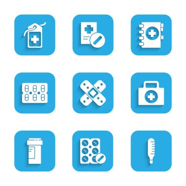 Set Crossed bandage plaster Pills in blister pack Medical thermometer First aid kit Medicine bottle clipboard and hospital medical tag icon. Vector.