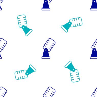 Mavi Mikrofon simgesi beyaz arkaplandaki kusursuz deseni izole etti. Radyodaki mikrofondan. Sözcü işareti. Vektör.