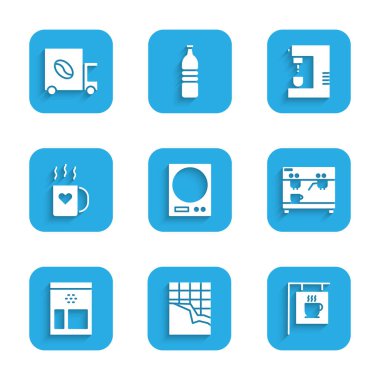 Set Electronic scales Chocolate bar Street signboard coffee Coffee machine Bag beans cup and heart and street truck icon. Vector.