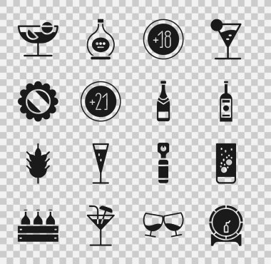 Set Wooden barrel on rack Effervescent tablets in water Glass bottle of vodka Alcohol 18 plus 21 Bottle cap Cocktail and Champagne icon. Vector.
