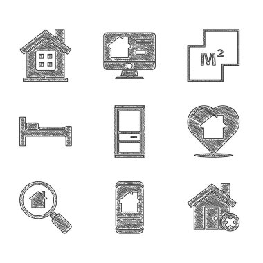 Set Closed door Online real estate house House with wrong mark heart shape Search Bed plan and icon. Vector.