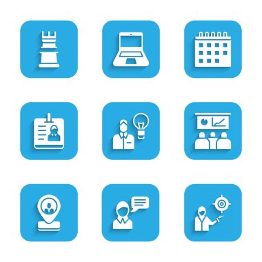 Set Human with lamp bulb Speech bubble chat Marketing target strategy Training presentation Worker location Identification badge Calendar and Business icon. Vector.