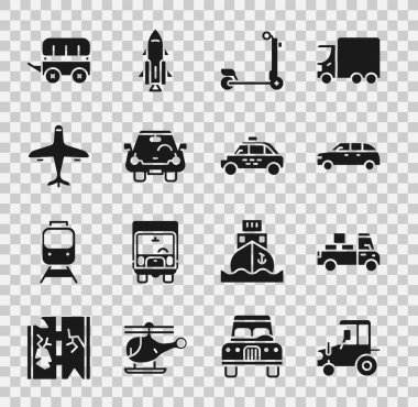Set Tractor Delivery truck Hatchback car Scooter Car Plane Wild west covered wagon and Taxi icon. Vector.