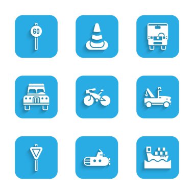 Set Bicycle Submarine Cargo ship with boxes Tow truck Road traffic signpost Bus and Speed limit icon. Vector.