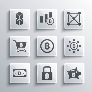 Set Lock with bitcoin Piggy bank Blockchain technology Bitcoin Cryptocurrency Shopping cart and icon. Vector.