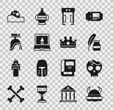 Set Viking in horned helmet Broken human skull Feather and inkwell Metal detector Online museum Roman army Human and King crown icon. Vector.