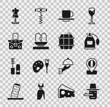 Set Pinocchio Location flag Italy Perfume Coffee cup Fountain Handbag Mannequin and Barrel for wine icon. Vector.