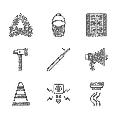 Set Metal pike pole Electricity spark Smoke alarm system Megaphone Traffic cone Firefighter axe Evacuation plan and Campfire icon. Vector.