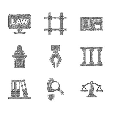 Set Fountain pen nib Footsteps Scales of justice Prison window Office folders Judge Identification badge and Location law icon. Vector.