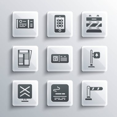 Set Smoking area Railway barrier Road traffic signpost QR code ticket train Railroad crossing News Train and End of railway tracks icon. Vector.