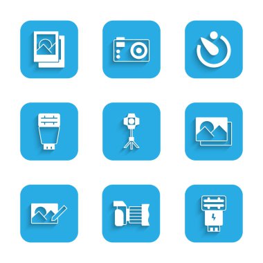Set Softbox light Photo camera flash frame retouching Camera timer and icon. Vector.