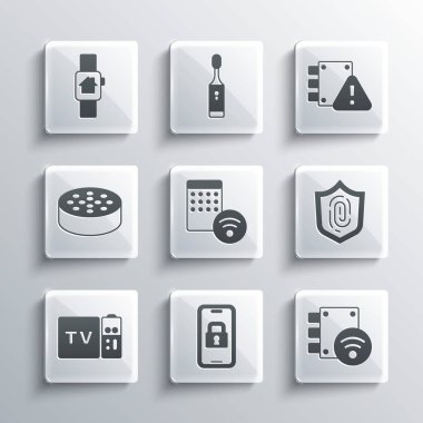 Set Digital door lock Fingerprint Air humidifier Multimedia and TV box receiver Water sensor Smart home with smart watch and House under protection icon. Vector.