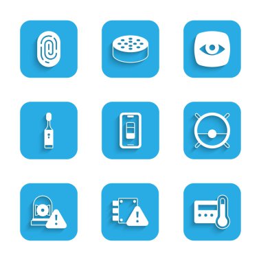 Set Smartphone battery charge House under protection Thermostat Robot vacuum cleaner Ringing alarm bell Electric toothbrush Security camera and Fingerprint icon. Vector.