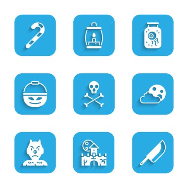 Set Skull on crossbones Castle fortress Knife Moon and stars Krampus heck Pumpkin basket sweets Eye jar and Christmas candy cane icon. Vector.