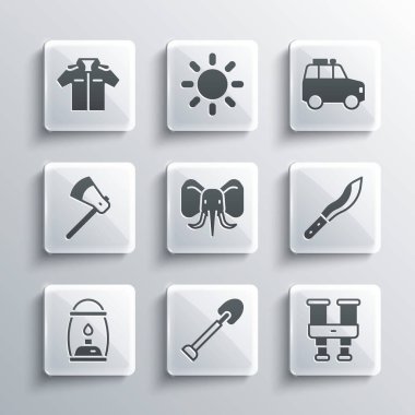 Set Shovel Binoculars Machete Elephant Camping lantern Wooden axe Shirt and Car icon. Vector.