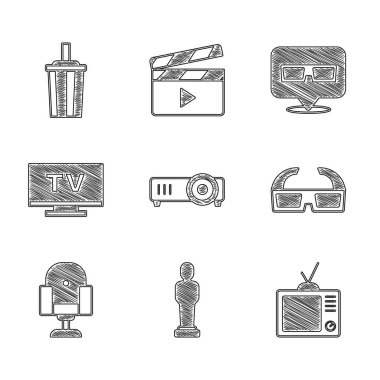 Set Movie film media projector trophy Retro tv 3D cinema glasses Director movie chair Smart Tv and Paper with water icon. Vector.