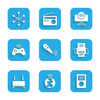 Set Wireless microphone Global technology Music player Smart printer system Router and wi-fi signal gamepad Tv and Network icon. Vector.