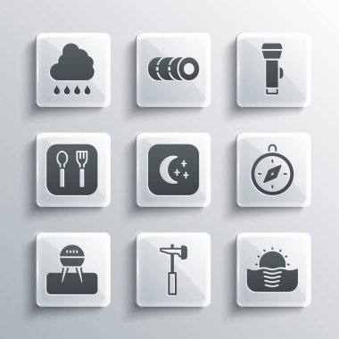 Set Hammer Sunrise Compass Moon and stars Barbecue grill Fork spoon Cloud with rain and Flashlight icon. Vector.