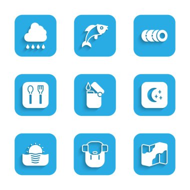 Set Lighter Hiking backpack Camping and hiking on map Moon stars Sunrise Fork spoon Blanket roll and Cloud with rain icon. Vector.
