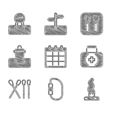 Set Calendar Carabiner Campfire First aid kit Match stick Trash can Fork and spoon and Barbecue grill icon. Vector.