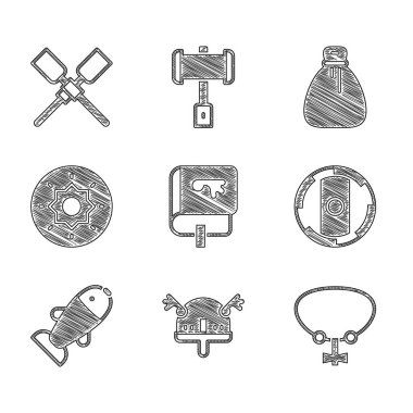 Set Viking book horned helmet Necklace with gem Shield viking Fish Old money bag and Oars paddles boat icon. Vector.