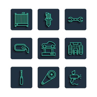 Set line Screwdriver Timing belt kit Paint spray gun Wrench spanner Repair car on lift Car rearview mirror radiator cooling system and wash icon. Vector.